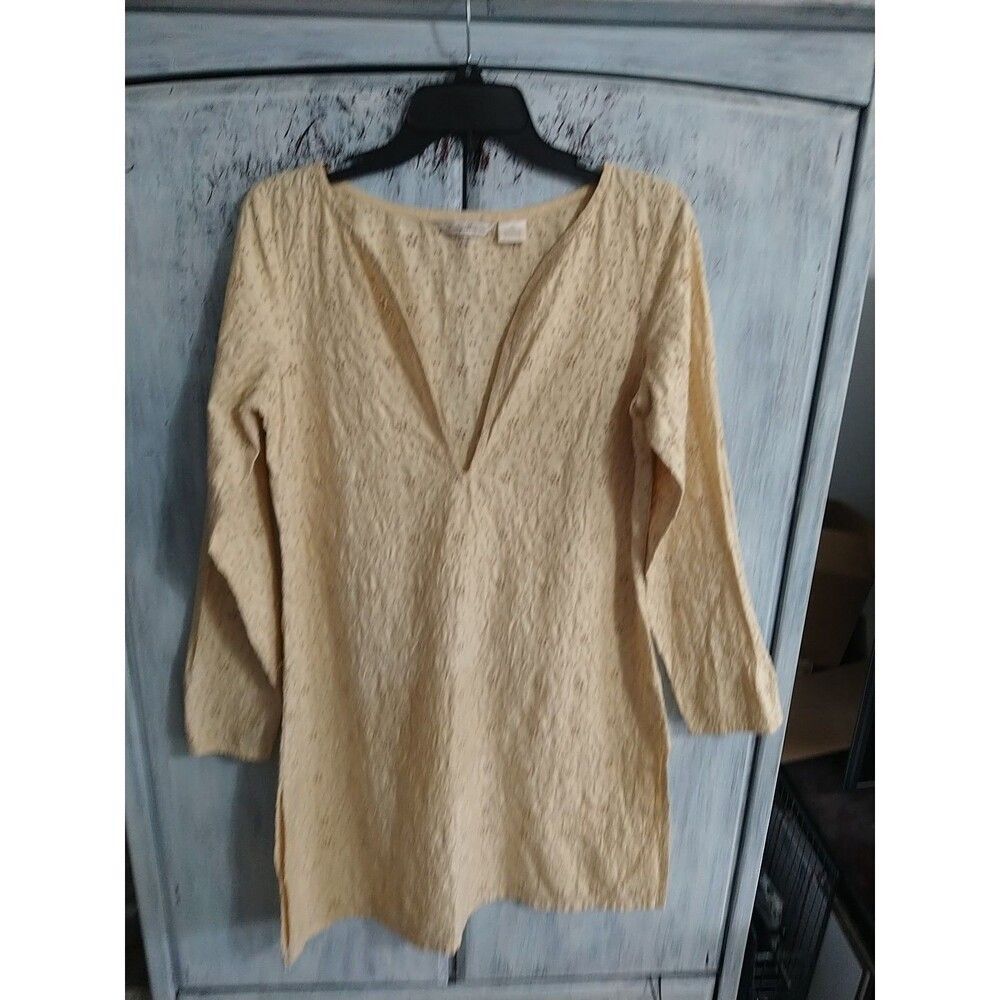 Tommy Bahama V-neck Embroidered Tan Dress Small Boho Cottage Core Femin…